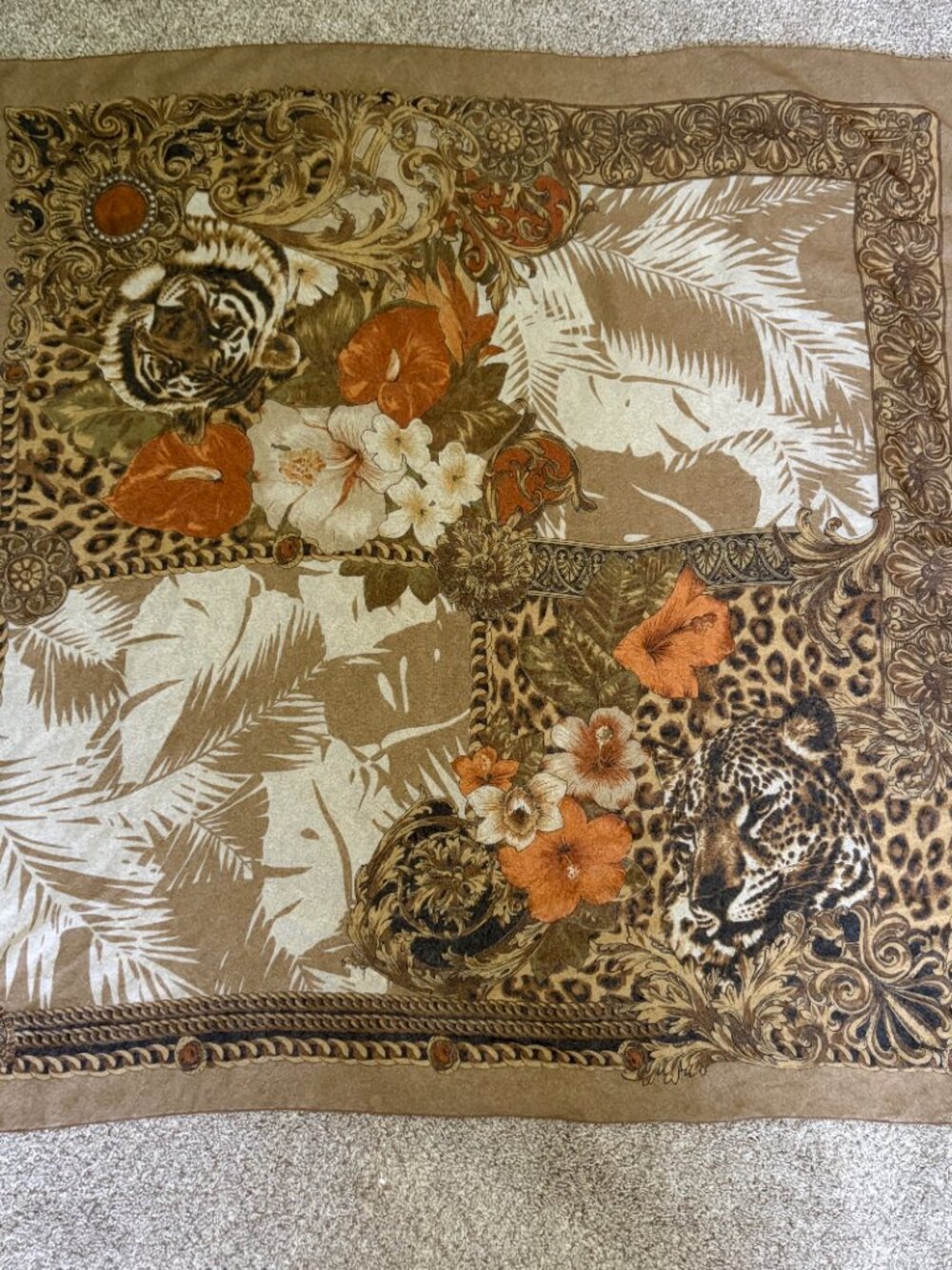 Vintage Tiger & Leopard Print Floral Scarf Square Tropical Tan Orange Made Italy